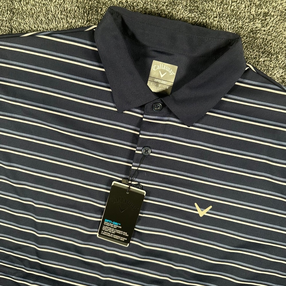 Callaway Polo Shirt Mens L Opti-Dri Navy Blue Striped Short Sleeve Golf NEW